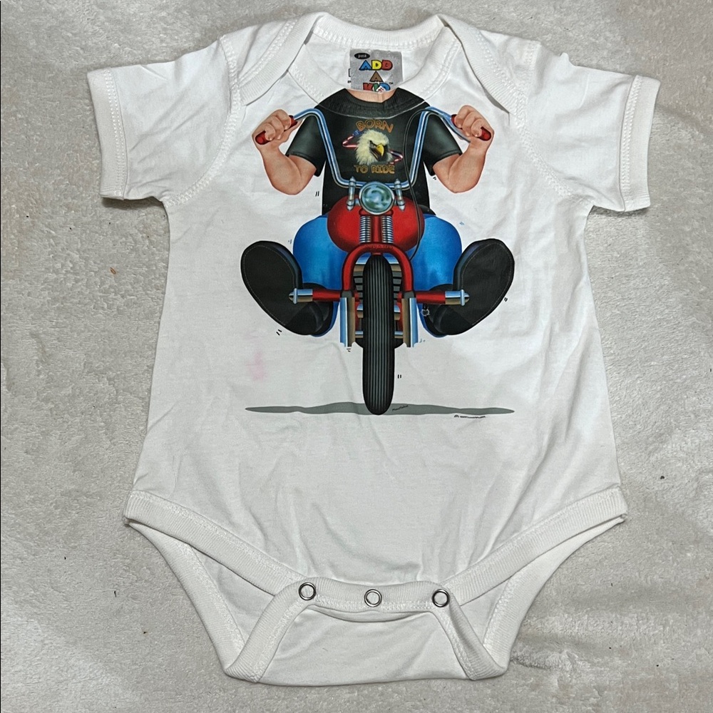 5/$30 White Baby Onesie with Motorcycle Graphic